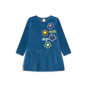 Blue Long Sleeve Velvet Dress with Floral Design